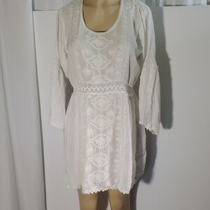 Melissa Odabash Womens Boho Dress White Embroidered Crochet Tunic Sz M